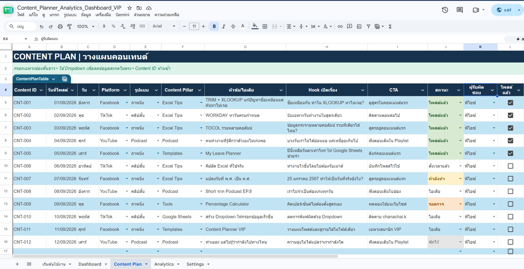 Content Plan — จัดตารางคอนเทนต์ พร้อมหัวข้อ Hook, CTA, สถานะ ผู้รับผิดชอบ และ Checkbox สำหรับรายการที่โพสต์แล้ว